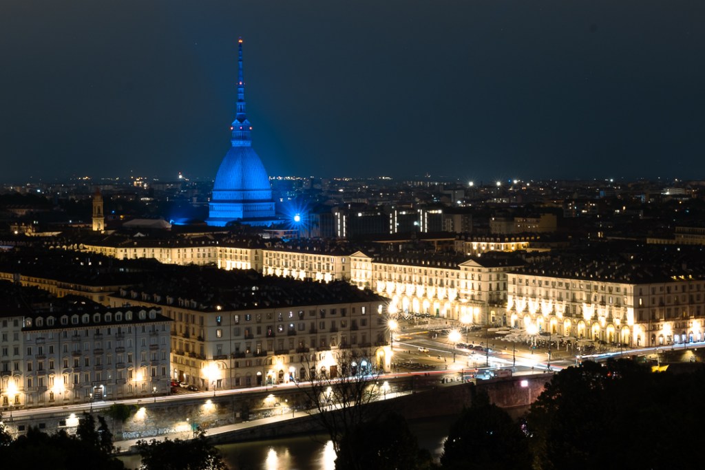 The Mole Antonelliana building in Torino, illuminated at night to celebrate WordCamp Europe 2024. Photo by Chris Clarke.